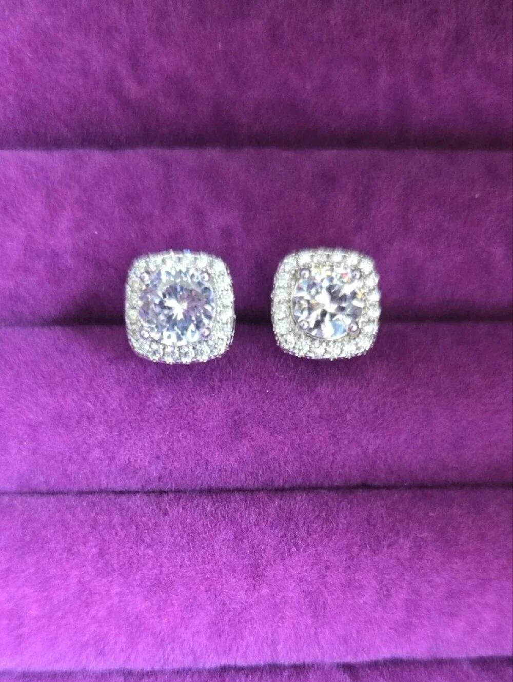 Classic Cushion Halo Cubic Moissanite Stud Earrings in Sterling Silver